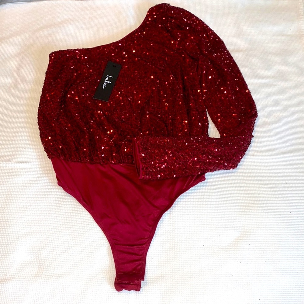 Lulus Burgundy Sequins One Shoulder Long Sleeve Bodysuit Size XS